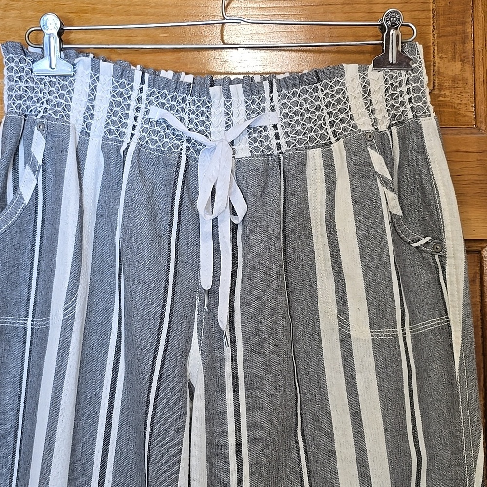 Ci Sono Striped Wide-Leg Coastal Drawstring Pants - Gray & White XL - Picture 3 of 4